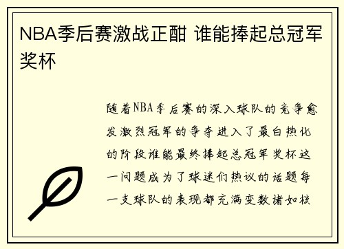 NBA季后赛激战正酣 谁能捧起总冠军奖杯
