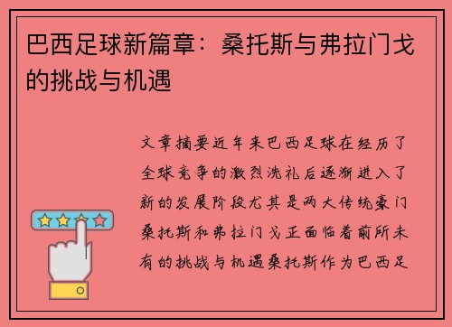 巴西足球新篇章：桑托斯与弗拉门戈的挑战与机遇